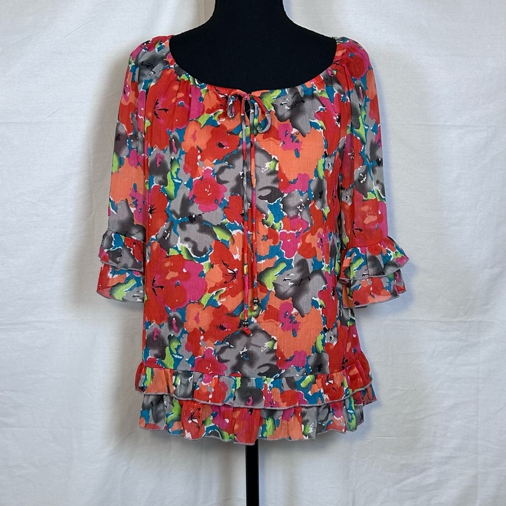 Elementz Red Multi Floral Ruffle Peasant Blouse